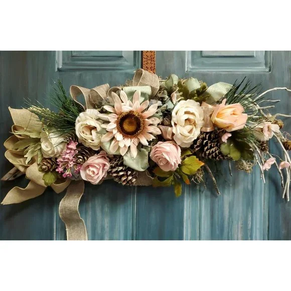 Pink Burlap Christmas Floral Pinecones Roses Door Decor Wreath Handmade Wood  3 - Picture 2 of 2